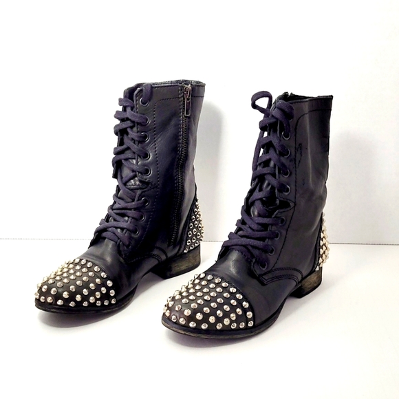 Steve Madden Grunge Gothic 90s Y2K Punk Rock Black Leather Spiked Boots Size 6 - Picture 1 of 7